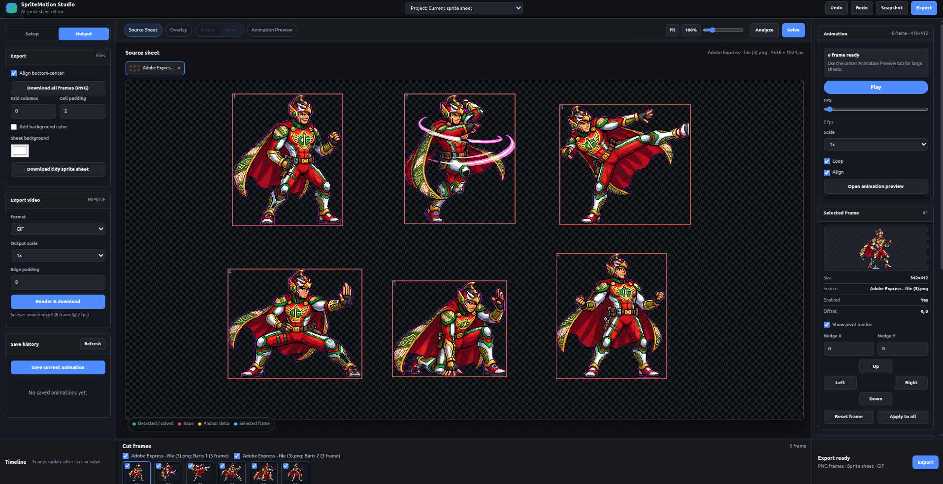 SpriteMotion workflow interface showing cut frames and animation preview